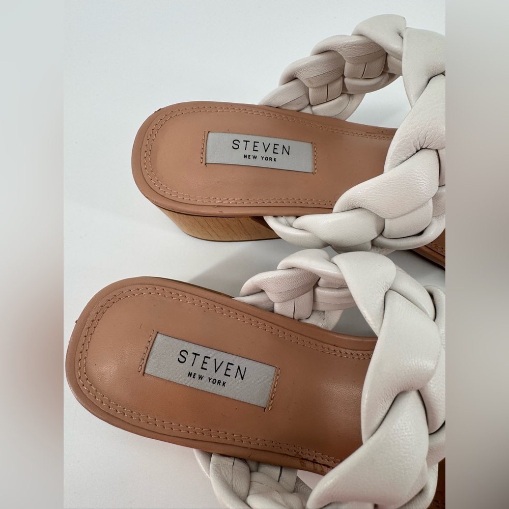 NWT Steven NY Beliza Cream Leather Braided Double Strap Block Heel Sandals 8 - Picture 3 of 4